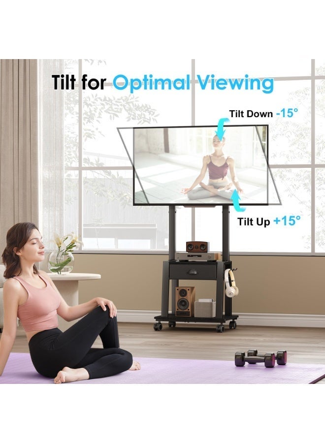 Solerconm Mobile TV Stand with Drawer for Flat and Curved TVs, Tilt Rolling TV Cart with Shelves, Adjustable Height, Locking Wheels, High Load Capacity, VESA Compatible - Image 2