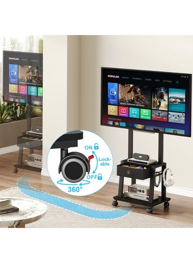 Solerconm Mobile TV Stand with Drawer for Flat and Curved TVs, Tilt Rolling TV Cart with Shelves, Adjustable Height, Locking Wheels, High Load Capacity, VESA Compatible - Image 3