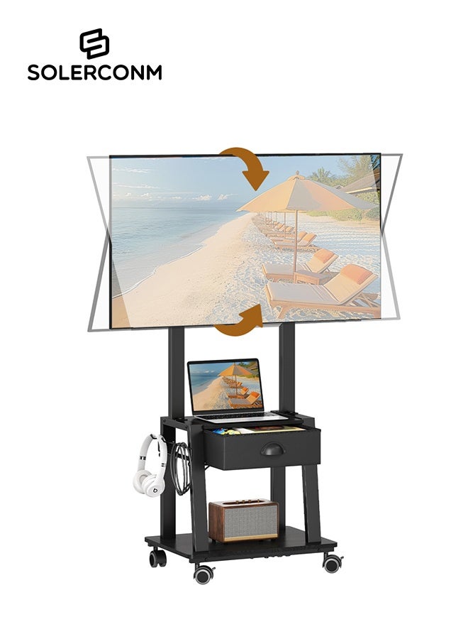 Solerconm Mobile TV Stand with Drawer for Flat and Curved TVs, Tilt Rolling TV Cart with Shelves, Adjustable Height, Locking Wheels, High Load Capacity, VESA Compatible - Image 1