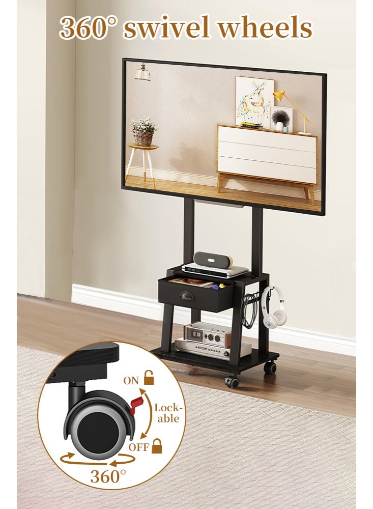 Solerconm Mobile TV Stand with Drawer for Flat and Curved TVs, Tilt Rolling TV Cart with Shelves, Adjustable Height, Locking Wheels, High Load Capacity, VESA Compatible - Image 3