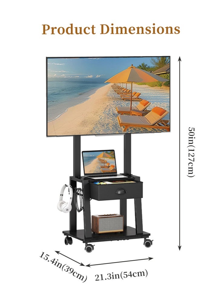 Solerconm Mobile TV Stand with Drawer for Flat and Curved TVs, Tilt Rolling TV Cart with Shelves, Adjustable Height, Locking Wheels, High Load Capacity, VESA Compatible - Image 2
