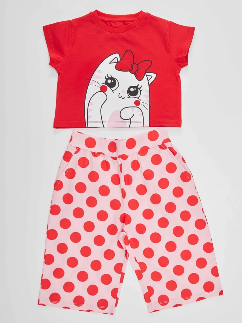 Denokids Ponçik Cat Girl T-shirt Capri Shorts Set