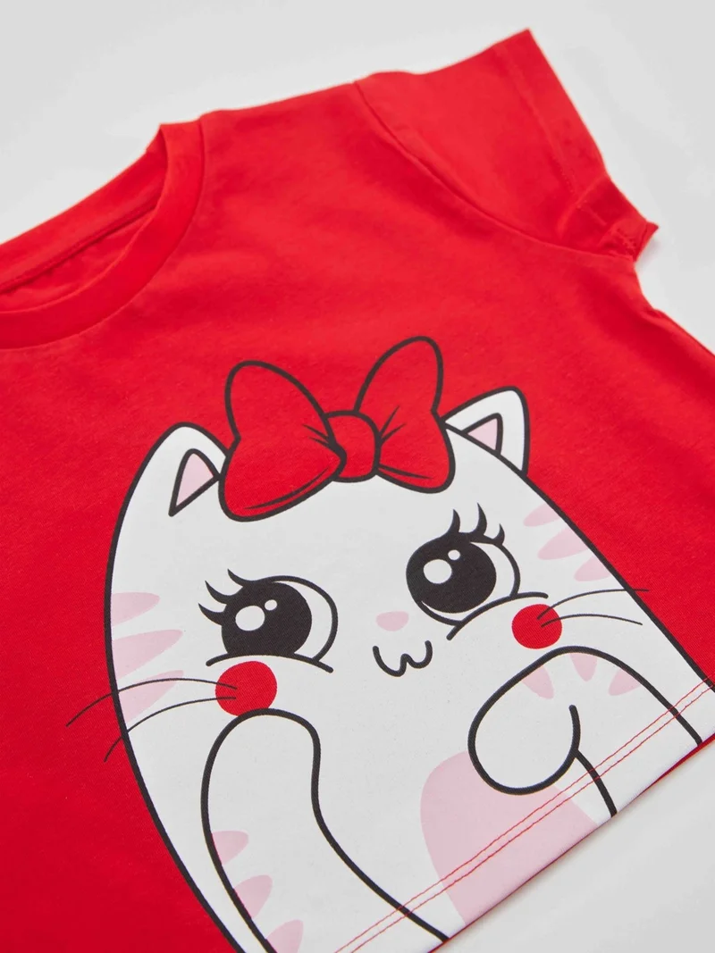 Denokids Ponçik Cat Girl T-shirt Capri Shorts Set