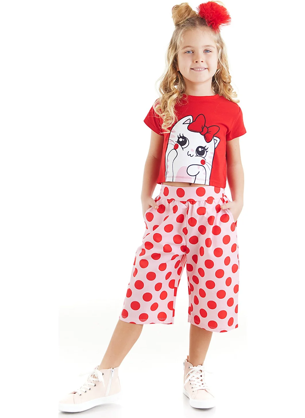Denokids Ponçik Cat Girl T-shirt Capri Shorts Set