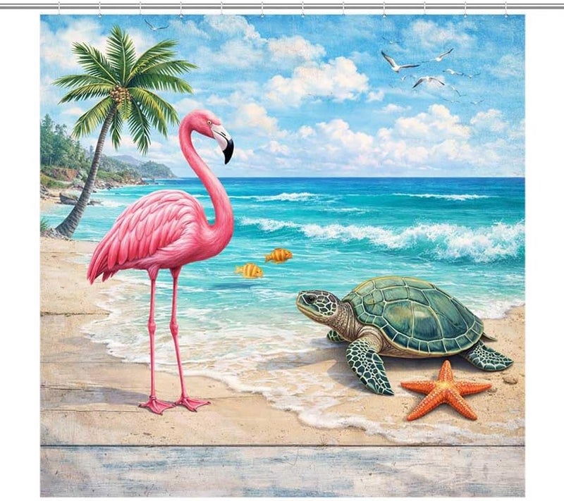 Beach Scene with Flamingo, Turtle, and sea lifeShower Curtain for Bathroom Waterproof Tan Shower Curtain with Hooks 71 inch x 71 inch - Image 1