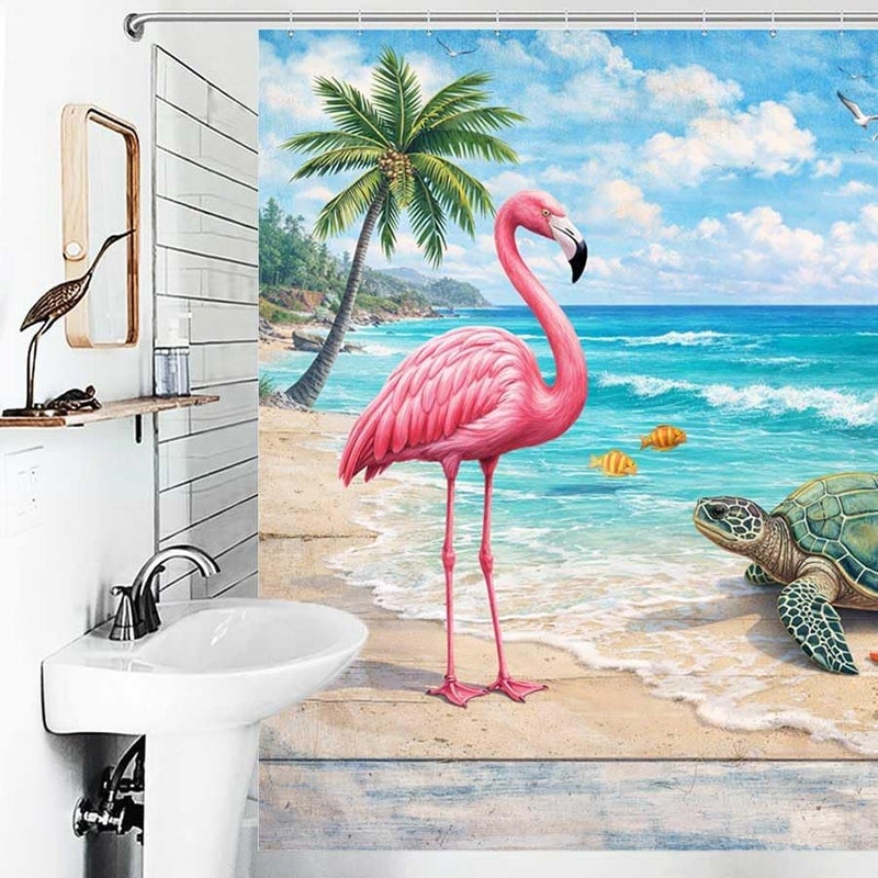 Beach Scene with Flamingo, Turtle, and sea lifeShower Curtain for Bathroom Waterproof Tan Shower Curtain with Hooks 71 inch x 71 inch - Image 4