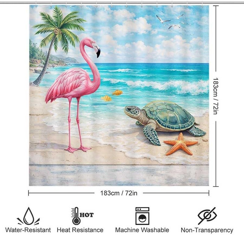 Beach Scene with Flamingo, Turtle, and sea lifeShower Curtain for Bathroom Waterproof Tan Shower Curtain with Hooks 71 inch x 71 inch - Image 3