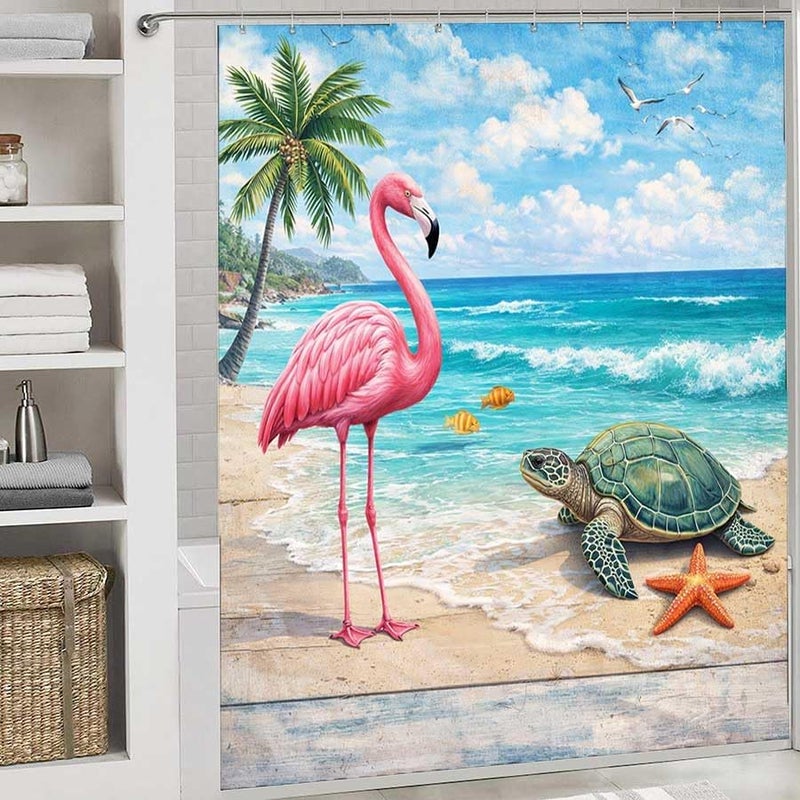 Beach Scene with Flamingo, Turtle, and sea lifeShower Curtain for Bathroom Waterproof Tan Shower Curtain with Hooks 71 inch x 71 inch - Image 2