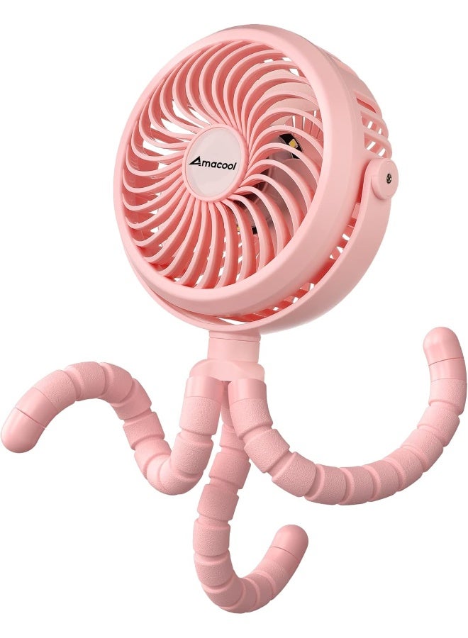 AMACOOL مروحة أطفال AMACOOL تعمل بالبطارية مع حامل ثلاثي مرن ومروحة قابلة للتدوير مع 3 سرعات ومروحة شخصية محمولة لمقعد السيارة، سرير الأطفال، الدراجة، جهاز المشي (وردي) - Image 1