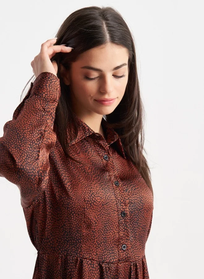 ZABAIONE Chic Rust Mini Dress with Button Detailing and Full Sleeves, Ideal for Day-to-Night Styling
