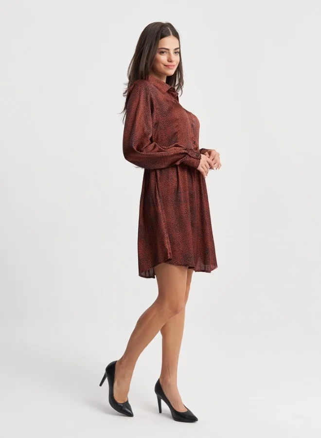 ZABAIONE Chic Rust Mini Dress with Button Detailing and Full Sleeves, Ideal for Day-to-Night Styling
