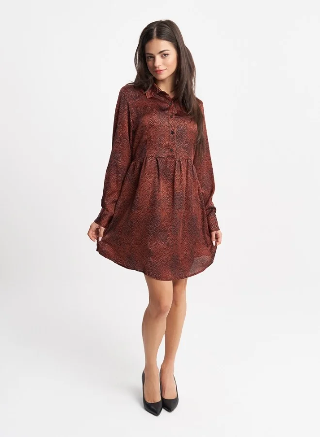 ZABAIONE Chic Rust Mini Dress with Button Detailing and Full Sleeves, Ideal for Day-to-Night Styling