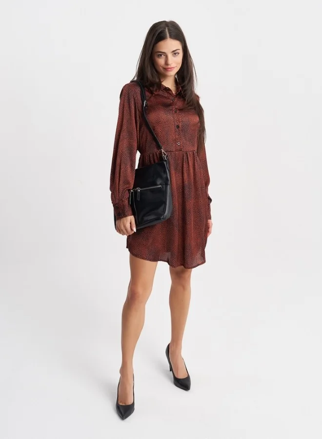 ZABAIONE Chic Rust Mini Dress with Button Detailing and Full Sleeves, Ideal for Day-to-Night Styling