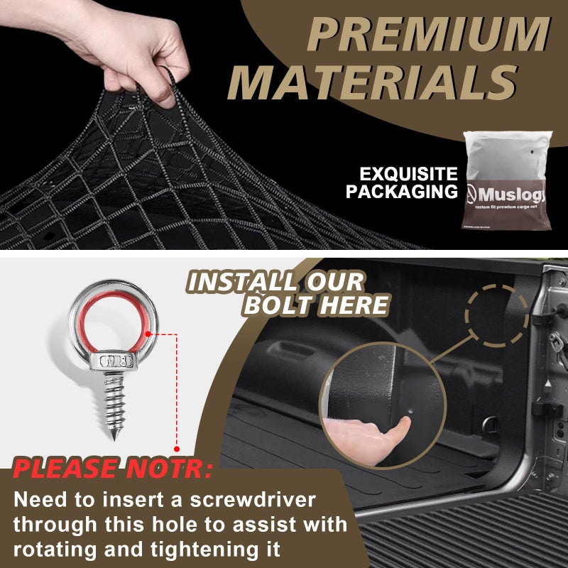 Muslogy Truck Bed Cargo Net Trunk Netting Compatible with Dodge Ram 1500 2019-2025 2026 Accessories, Pickup Cargo Organizer SUV Sedan Storage Net w/Heavy Duty Carabiners - Image 3