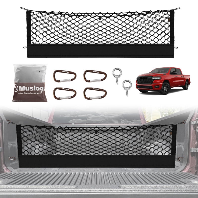 Muslogy Truck Bed Cargo Net Trunk Netting Compatible with Dodge Ram 1500 2019-2025 2026 Accessories, Pickup Cargo Organizer SUV Sedan Storage Net w/Heavy Duty Carabiners - Image 1