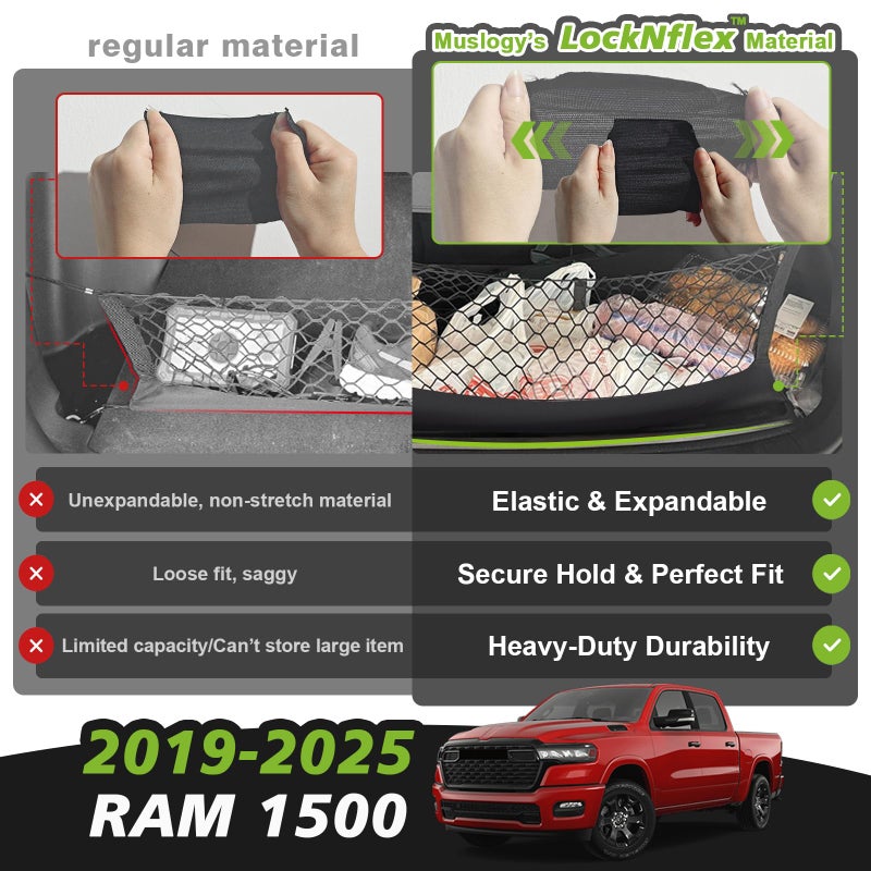 Muslogy Truck Bed Cargo Net Trunk Netting Compatible with Dodge Ram 1500 2019-2025 2026 Accessories, Pickup Cargo Organizer SUV Sedan Storage Net w/Heavy Duty Carabiners - Image 4