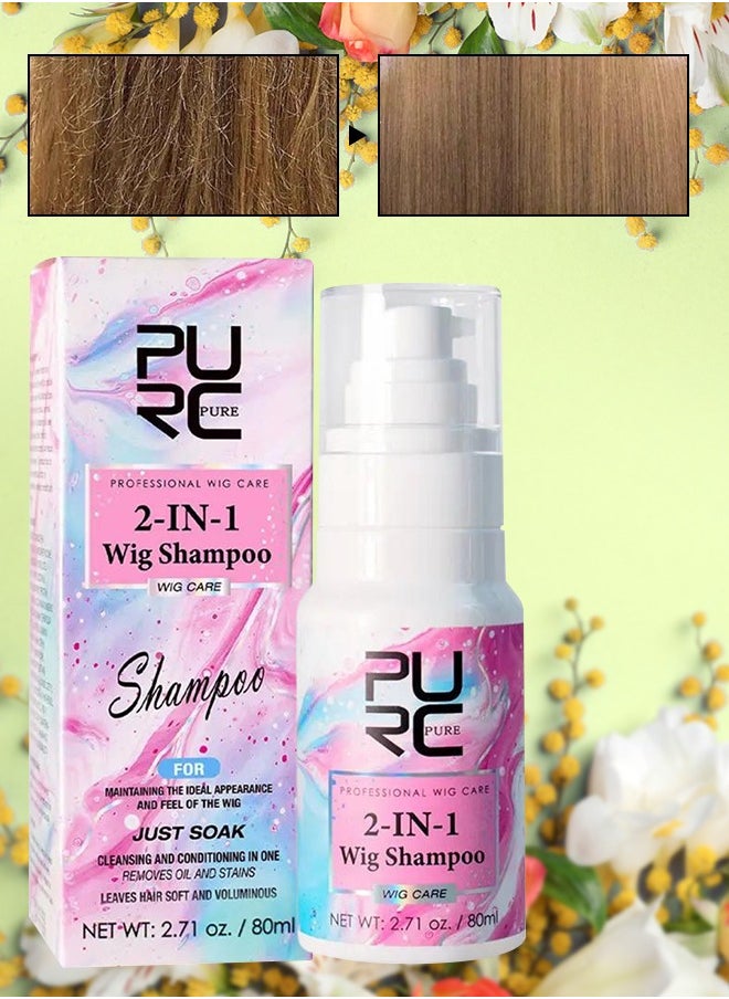 PURC 2 in 1 Wig Shampoo 80ml Just Soak Cleansing & Conditioning in One Professional Wig Care Shampoo Removes Oil & Stains Leaves Hair Soft Shiny & Voluminous Wig Shampoo Soak Shampoo  - Image 1