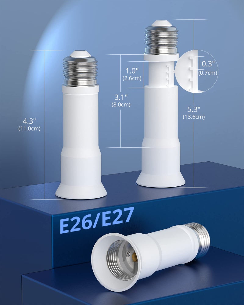 JACKYLED E26 Light Socket Extender 4-Level Extendable, 3.1-4.3in/8-11cm Extension E26/E27 Adapter Socket Converter, Light Bulb Extension, Lamp Bulb Adapter for Living Room, Kitchen, 2-Pack - Image 3