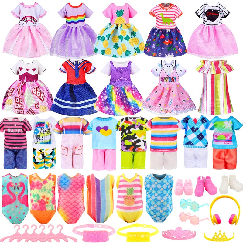 ENOCHT 30 PCS Mini 6 Inch Doll Clothes and Accessories Include 4 Tops, 4 Pants for Boy Dolls, 5 Dresses , 2 Swimsuit and 2 Shoes, 10 Outfits Hangers Pocket Glasses Headset Crown for 5.3-6 Inch Dolls - Image 1