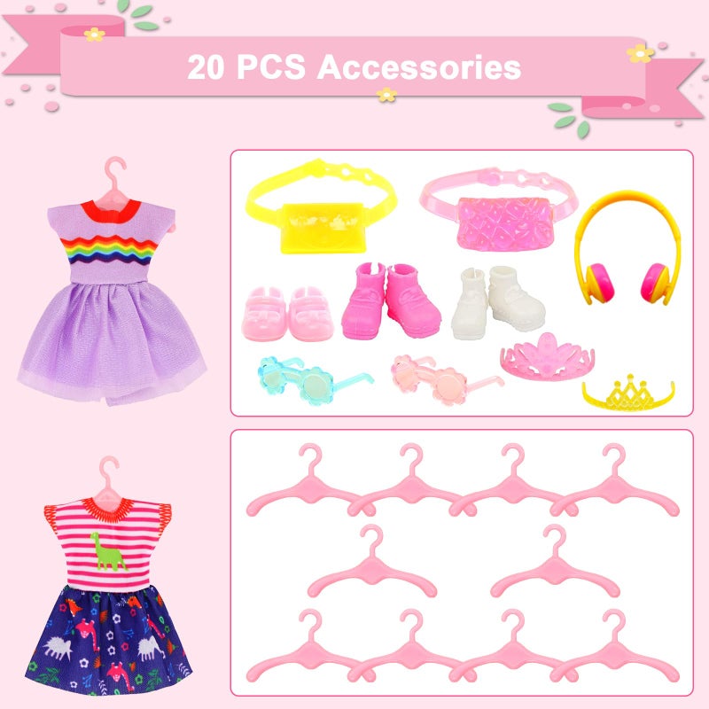ENOCHT 30 PCS Mini 6 Inch Doll Clothes and Accessories Include 4 Tops, 4 Pants for Boy Dolls, 5 Dresses , 2 Swimsuit and 2 Shoes, 10 Outfits Hangers Pocket Glasses Headset Crown for 5.3-6 Inch Dolls - Image 5