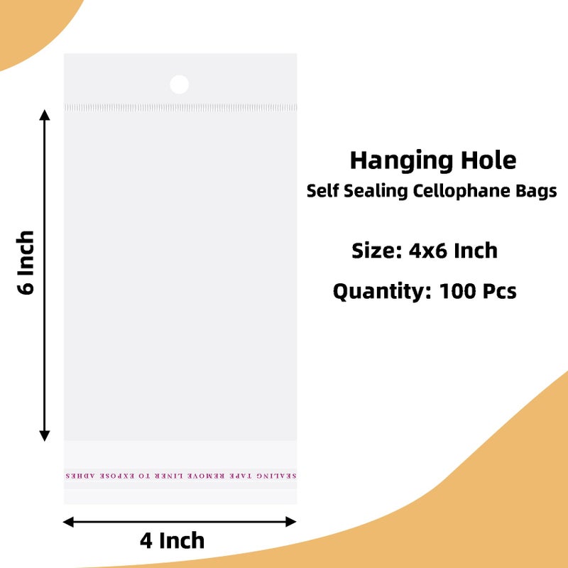 Morepack 4x6 Inches Hanging Hole Self Sealing Cellophane Bags Self Adhesive, 100 Pieces Clear Resealable Cellophane Bags with hanging header for Jewelry Earring Necklace - Image 2
