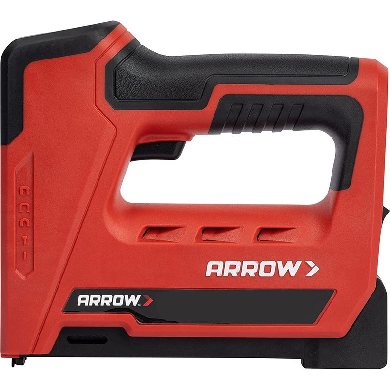 مسدس دبابيس ومسامير Arrow ET501C اللاسلكي 5 في 1 احترافي مزود ببطارية لتثبيت الأسلاك والمسامير للفرش والتأطير والتسقيف والحرف والأسوار والكابلات باللون الأسود والأحمر