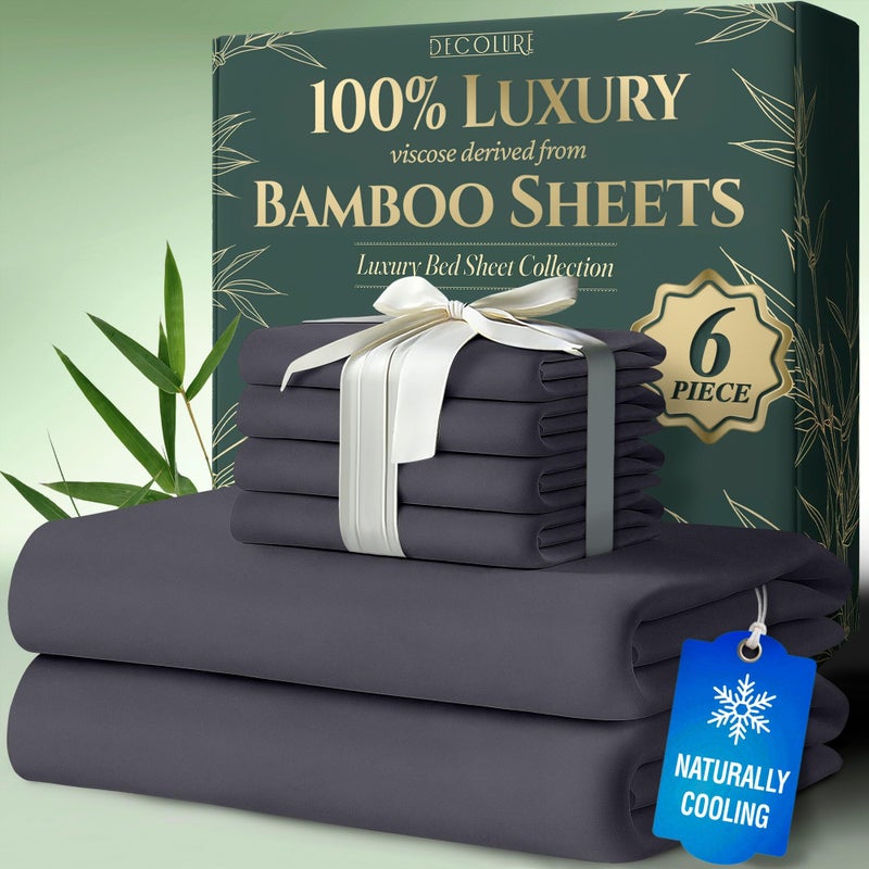 DECOLURE 100 Viscose Derived from Bamboo Sheets King Size 6pcs  Ultra Soft  Luxuriously Cooling 17 Deep Pocket Double Stitching Perfect for Hot Sleepers  King Bed Sheets Grey