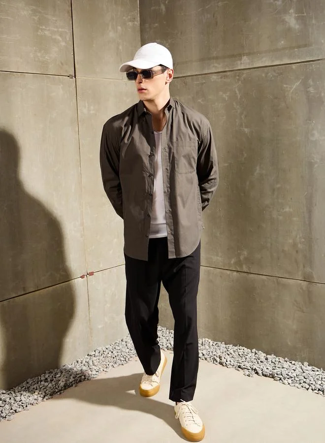 SASSAFRAS Sassafras Men Brown Solid Long Sleeve Relaxed Fit Shirt with Pocket