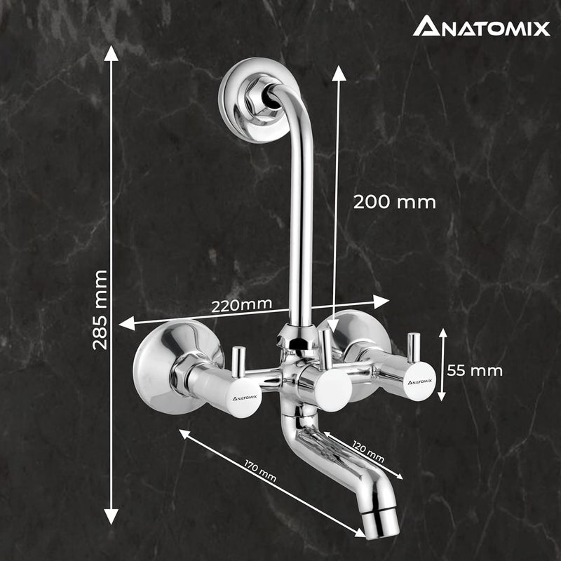 ANATOMIX Oreo Brass Wall Mixer for Bathroom with Stainless Steel 125mm Long L-Bend Provision for Overhead Shower, Chrome Finish (Bath Mixer System) - Image 5