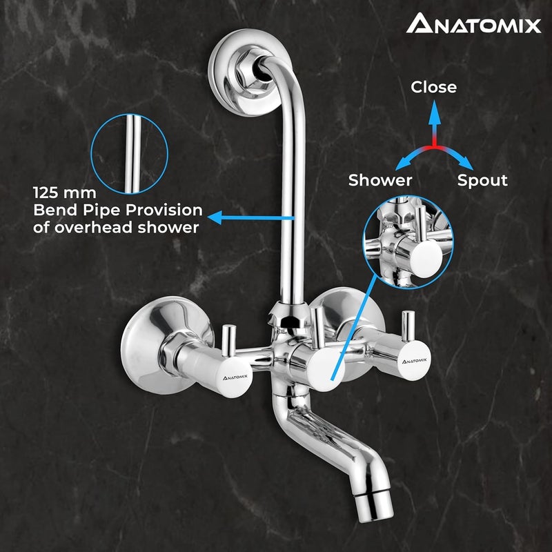ANATOMIX Oreo Brass Wall Mixer for Bathroom with Stainless Steel 125mm Long L-Bend Provision for Overhead Shower, Chrome Finish (Bath Mixer System) - Image 4