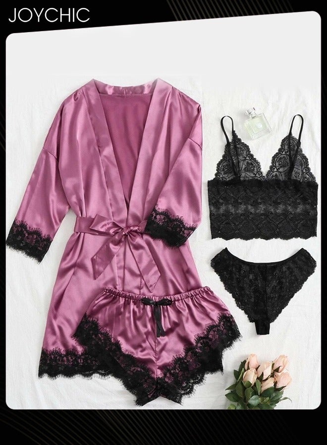 Joychic طقم نوم رومانسي نسائي من 4 قطع - فستان نوم من حرير ساتان - مناسب للربيع والصيف - بيجامة نسائية بأكمام دانتيل على شكل حرف V - لون بنفسجي - Image 1