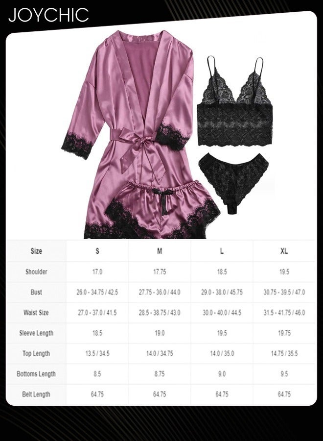 Joychic طقم نوم رومانسي نسائي من 4 قطع - فستان نوم من حرير ساتان - مناسب للربيع والصيف - بيجامة نسائية بأكمام دانتيل على شكل حرف V - لون بنفسجي - Image 3