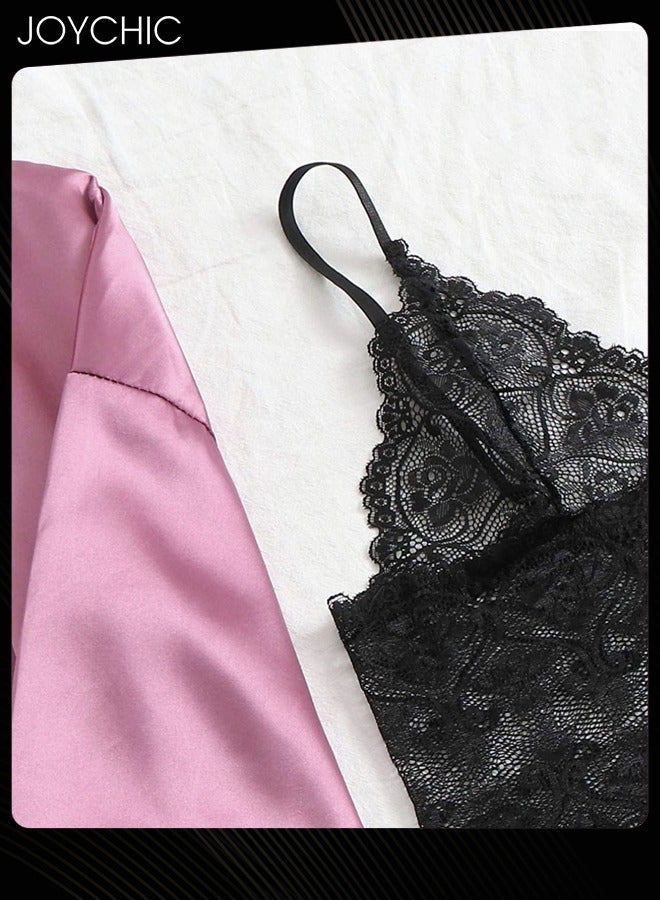 Joychic طقم نوم رومانسي نسائي من 4 قطع - فستان نوم من حرير ساتان - مناسب للربيع والصيف - بيجامة نسائية بأكمام دانتيل على شكل حرف V - لون بنفسجي - Image 2