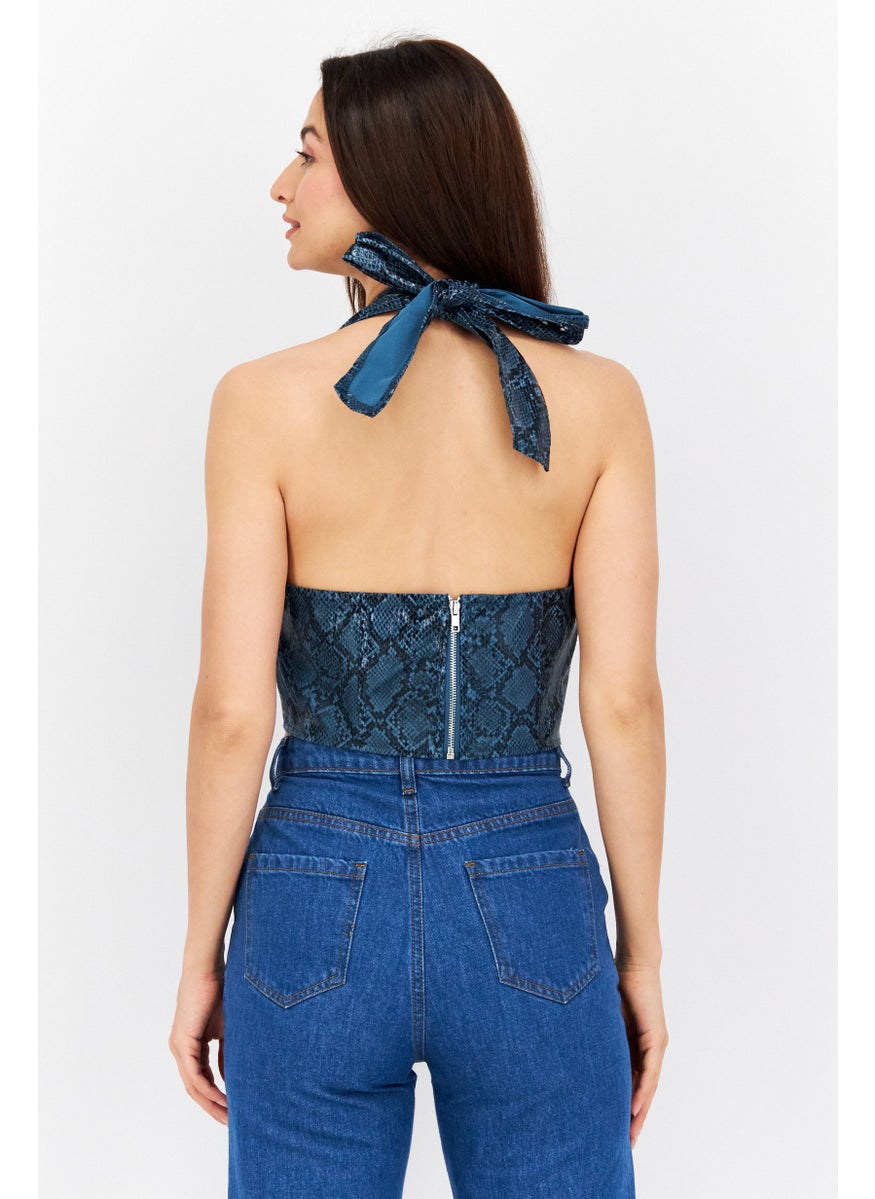 Missguided Women Halter Neck Sleeveless Snakeskin Crop Top, Teal Blue  - Image 2