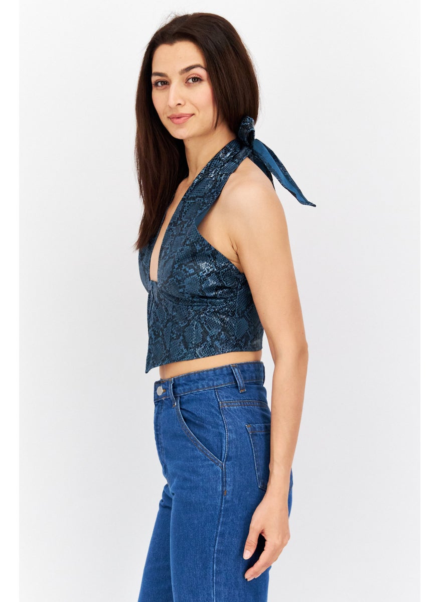 Missguided Women Halter Neck Sleeveless Snakeskin Crop Top, Teal Blue  - Image 3