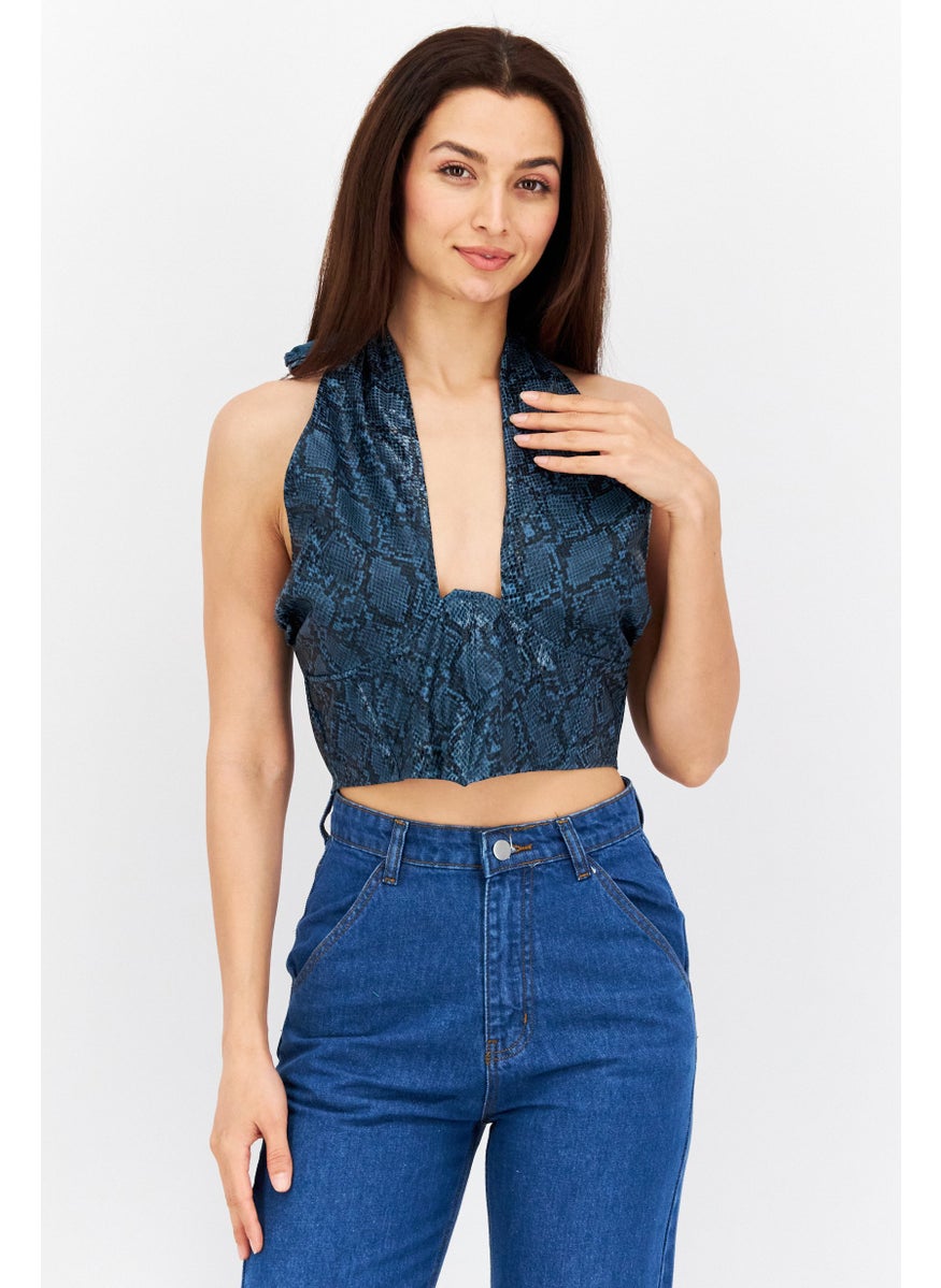 Missguided Women Halter Neck Sleeveless Snakeskin Crop Top, Teal Blue  - Image 1