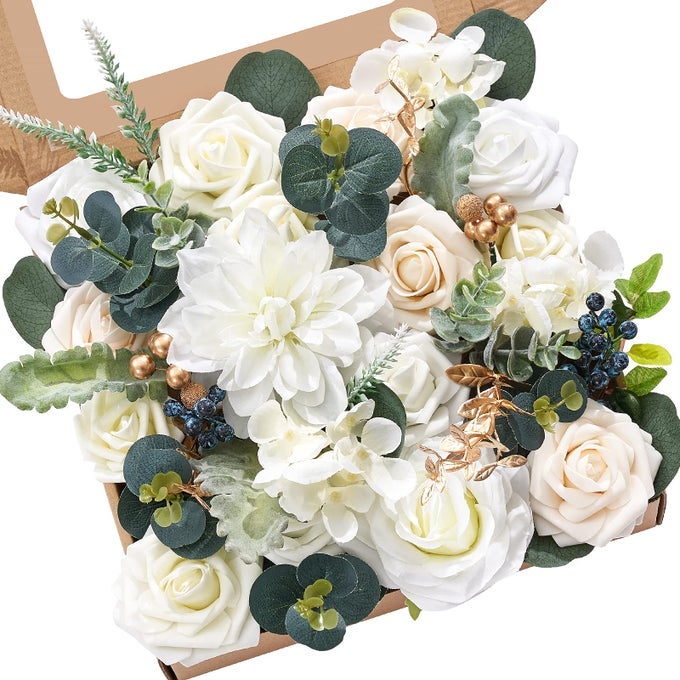 WHITE ARTIFICIAL FLOWERS FAKE ROSES FOAM SILK FLOWERS BOX SET FOR DIY WEDDING CAKE BOUQUETS CENTERPIECES ARRANGEMENTS PARTY BABY SHOWER HOME DECORATIONS