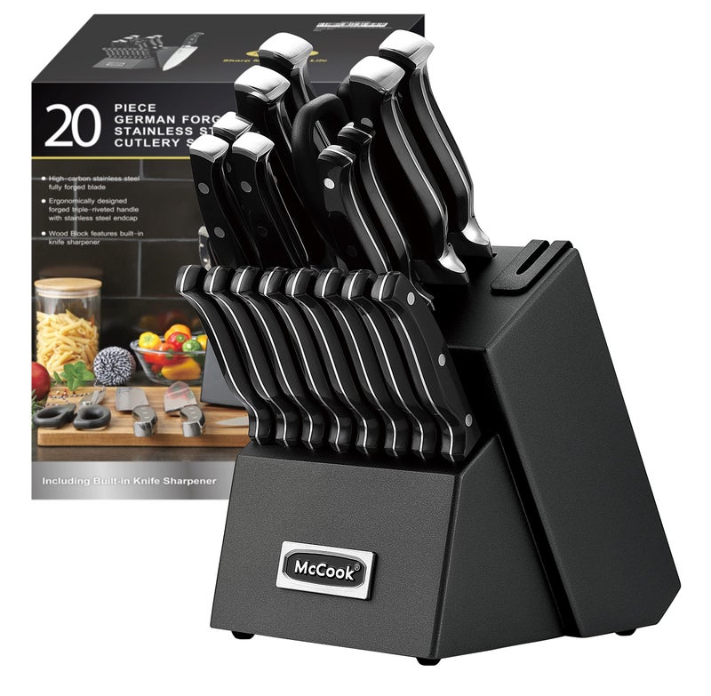McCook Black Knife Sets German Stainless Steel Forged Kitchen Knives Block Set with Builtin Knife Sharpener
