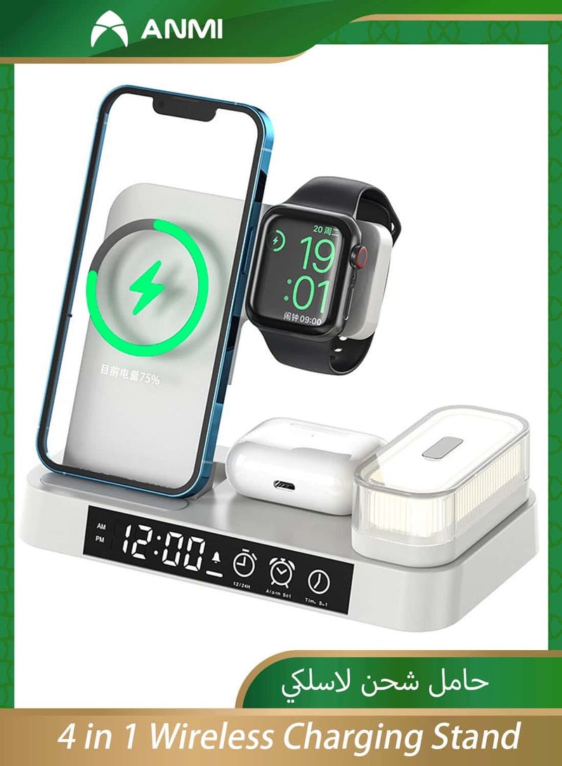Anmi 4 in 1 Wireless Charger  Stand Clock Stations For Apple Mobile Phone Wireless charging station 15/14/Air pods/iWatch (White) - Image 1