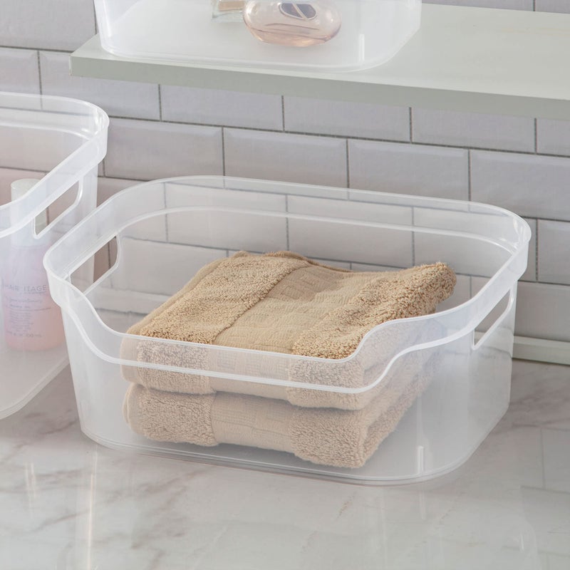 Sterilite 5.25x9.5x13 In Medium Polished Open Scoop Front Storage Bin w/ Comfortable Carry Through Handles for Household Organization  Clear (16 Pack) - Image 3