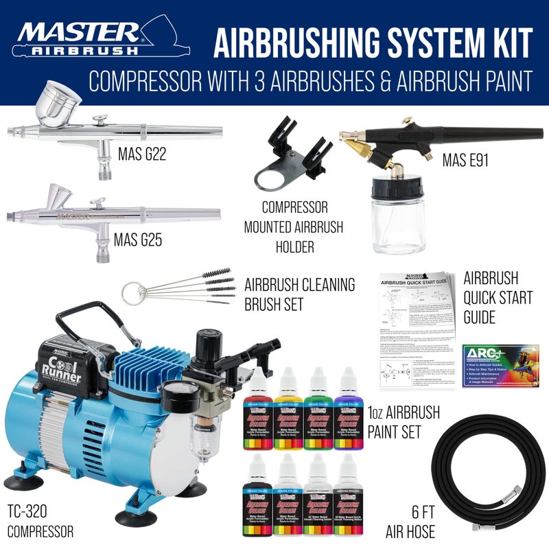 Master Airbrush Cool Runner II Airbrush Kit with Dual Fan Air Compressor, 6 Primary Opaque Colors Acrylic Paint Set, 3 Airbrushes, Cleaning Brushes, Holder & How-to Air Brush Manual - Image 2