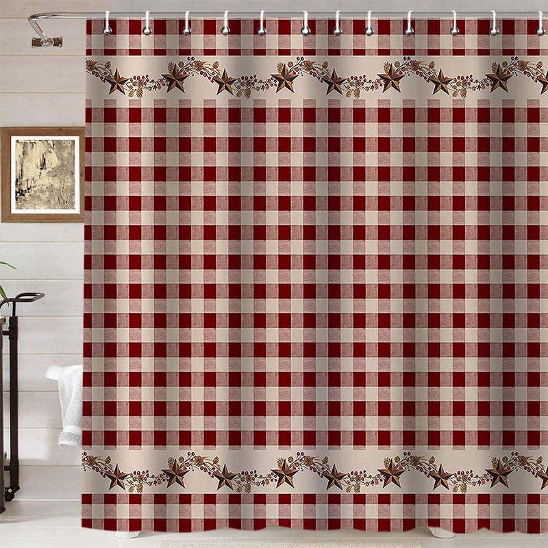 Namdeva Brown Texas Star Western Shower Curtain Primitive Star Red and Beige Buffalo Plaid Rustic Country Farmhouse Bathroom Decor Waterproof Polyester Fabric Shower Curtain 72 X 72 Inch Berry