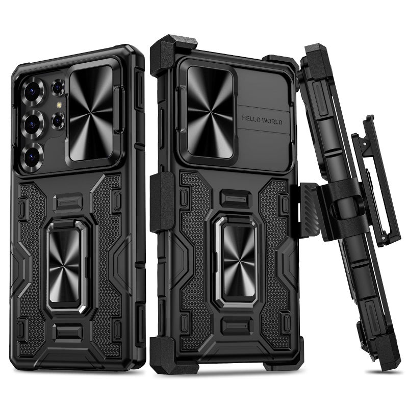 VEGO for Samsung Galaxy S25 Ultra Case, with Slide Camera Protector & Belt Clip Holster & 360Â°Rotatable Ring Kickstand Military Grade Heavy Duty Protection Cover - Black - Image 1