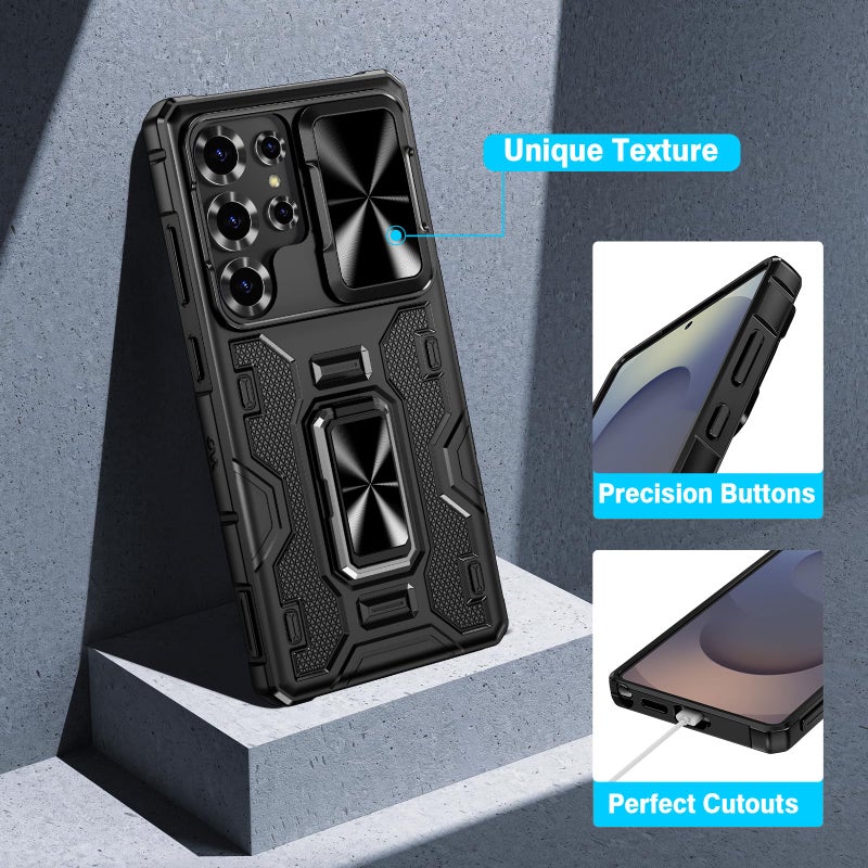 VEGO for Samsung Galaxy S25 Ultra Case, with Slide Camera Protector & Belt Clip Holster & 360Â°Rotatable Ring Kickstand Military Grade Heavy Duty Protection Cover - Black - Image 5
