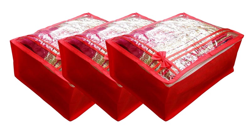 DIKHAWA Non Woven Transparent Top Saree Cover Bag, Cloth Cover Set for Storage with Zip (Set of 3_Red_43X33X18CM) - Image 1