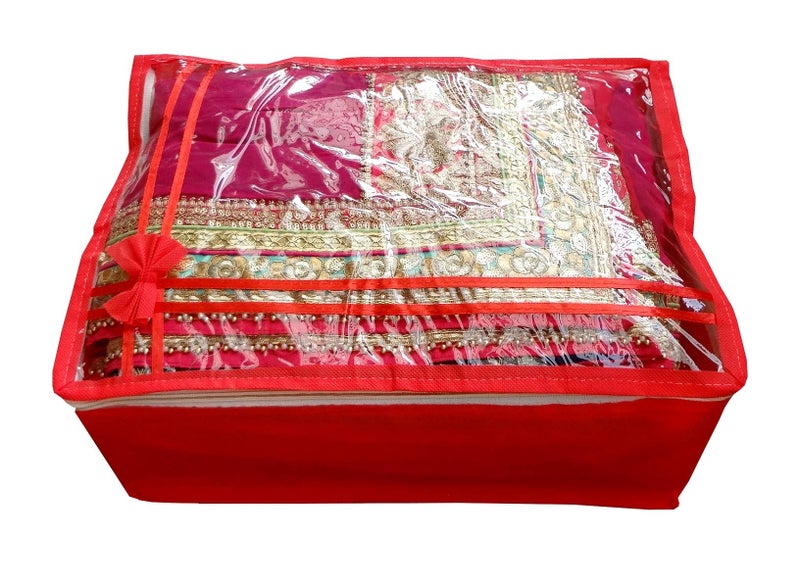 DIKHAWA Non Woven Transparent Top Saree Cover Bag, Cloth Cover Set for Storage with Zip (Set of 3_Red_43X33X18CM) - Image 5