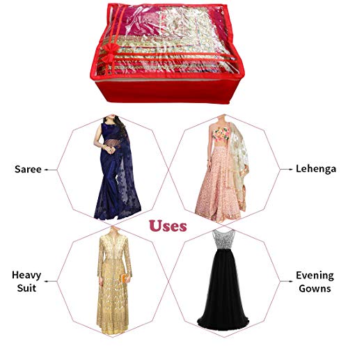 DIKHAWA Non Woven Transparent Top Saree Cover Bag, Cloth Cover Set for Storage with Zip (Set of 3_Red_43X33X18CM) - Image 4