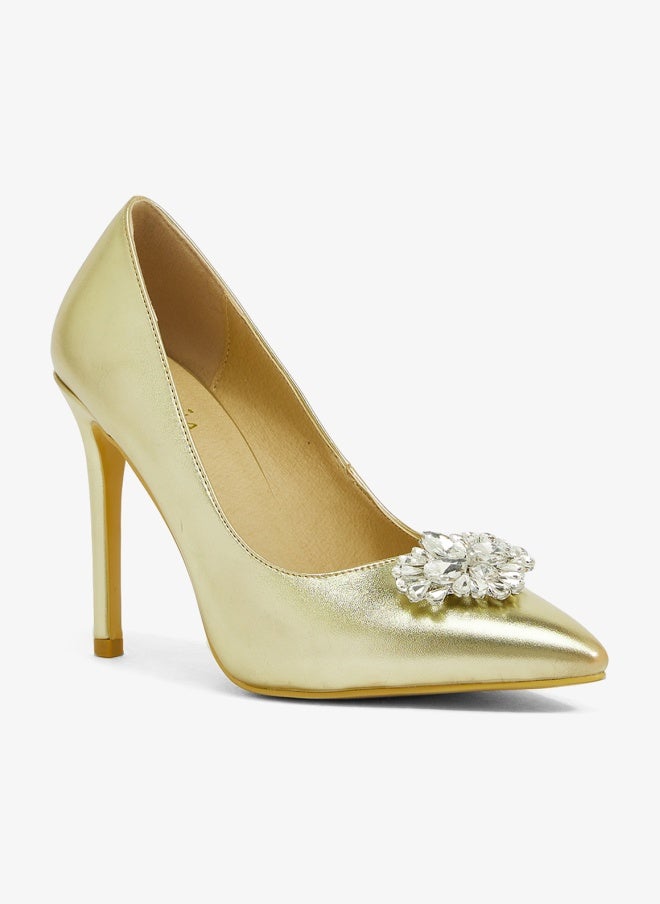 Khizana Gold metallic pump with crystal floral embellishment, pointed toe, stiletto heel - Image 1