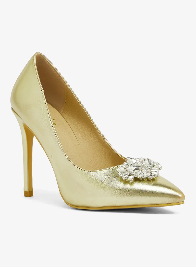 Khizana Gold metallic pump with crystal floral embellishment, pointed toe, stiletto heel