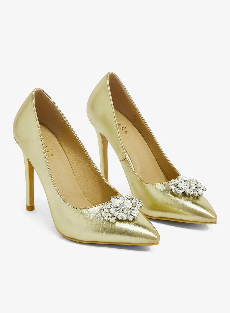 Khizana Gold Gold metallic pump with crystal floral embellishment, pointed toe, stiletto heel for Women | Best Price UAE